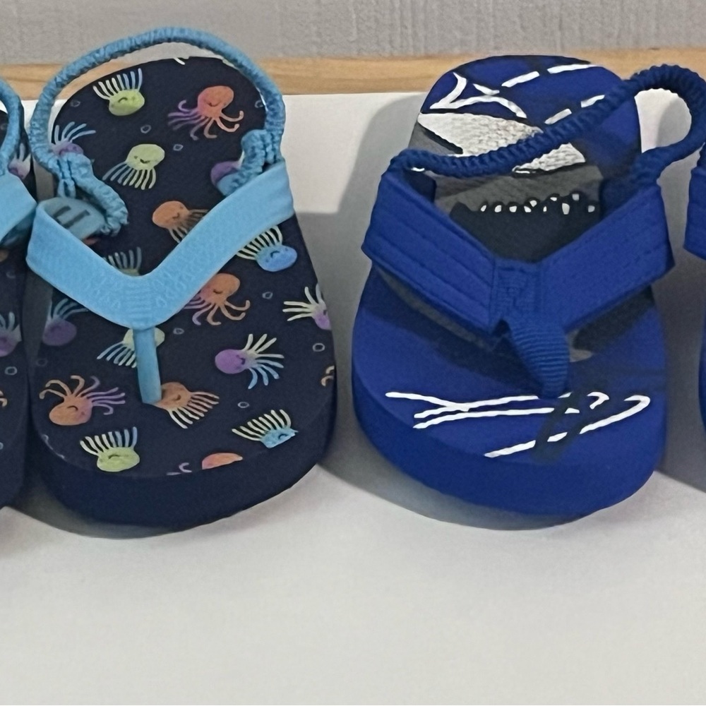 Two pair kids flip flops with ankle strap octopus and shark summer shoe light
